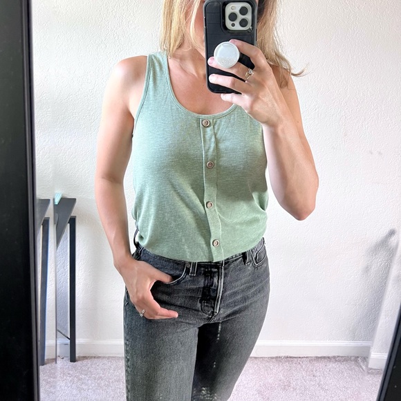 Tops Mint Green Button Front Ribbed Sleeveless Layering Tank Top